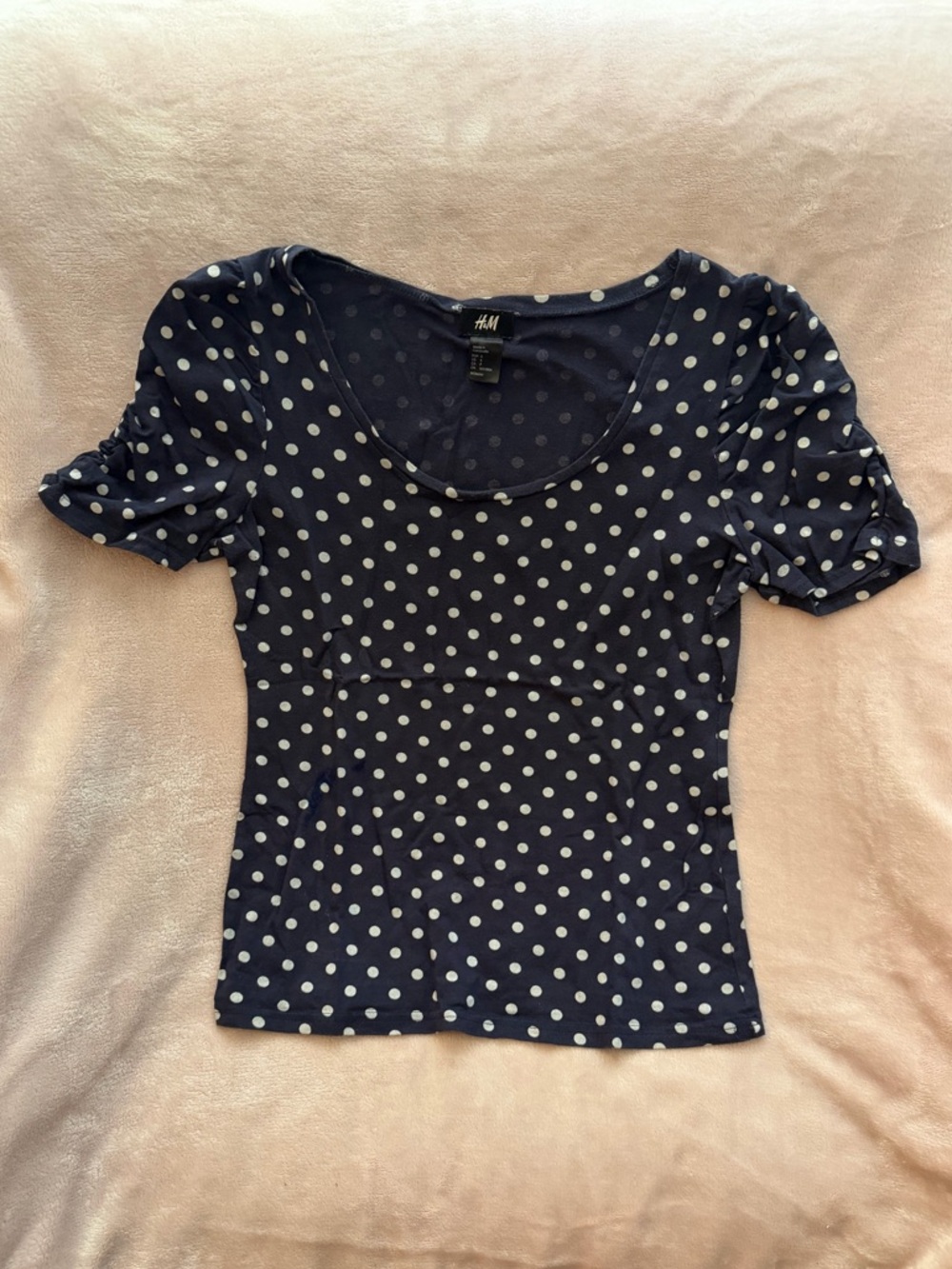 H&M Navy Polka Dot Short Sleeve Scoop Neck Top